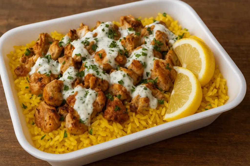 Halal Cart Chicken and Rice with White Sauce Halal Cart Chicken and Rice with White Sauce 3 Halal Cart Chicken and Rice with White Sauce